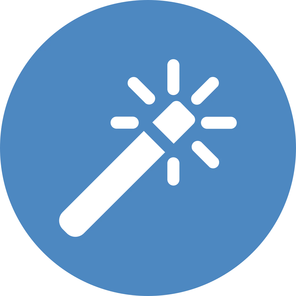 White icon of a magic wand with a sparkling star, set inside a blue circle, representing innovation, creativity, or transformation.