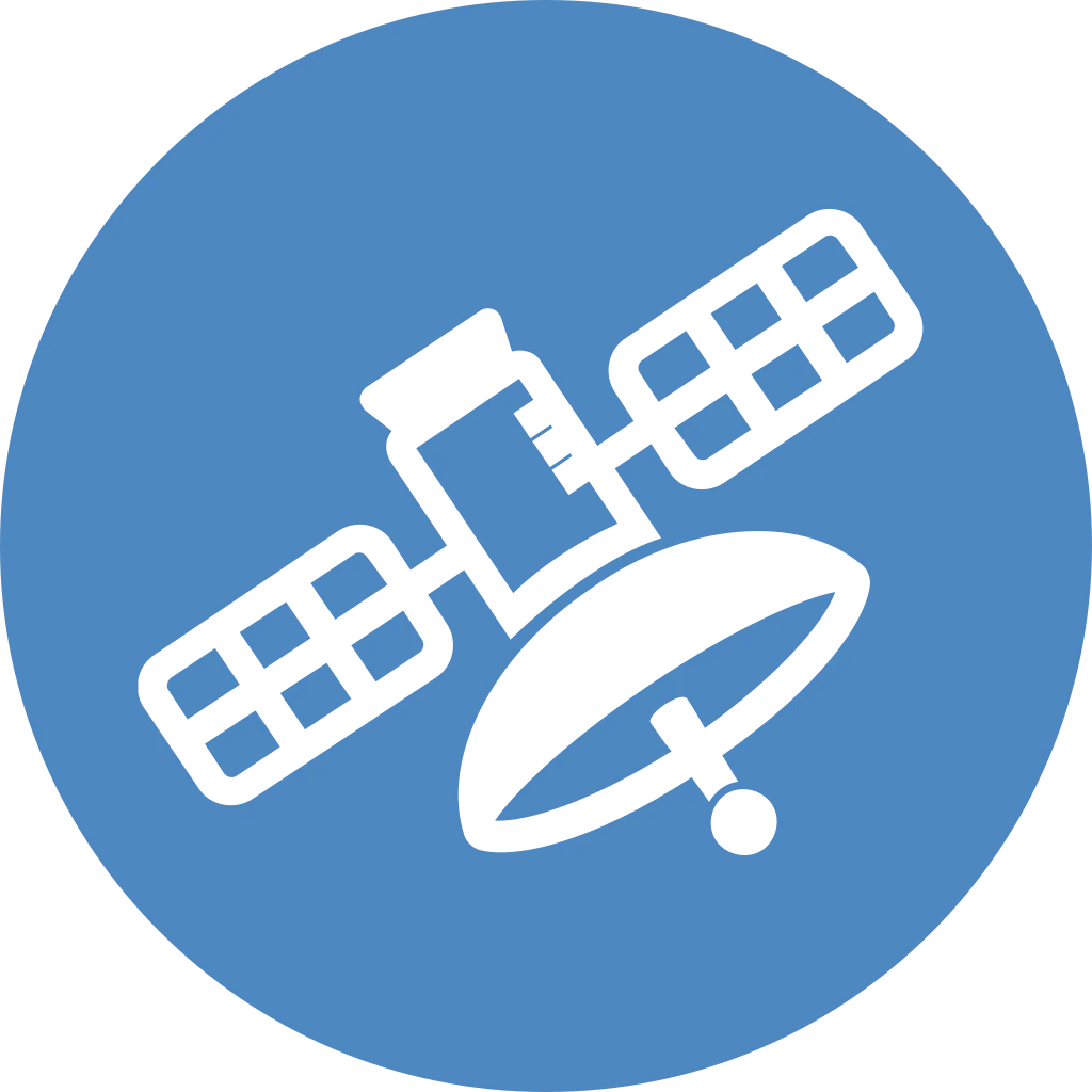 White icon of a satellite with solar panels transmitting signals inside a blue circle