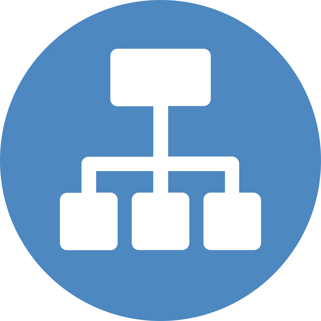White icon of a hierarchical network diagram inside a blue circle