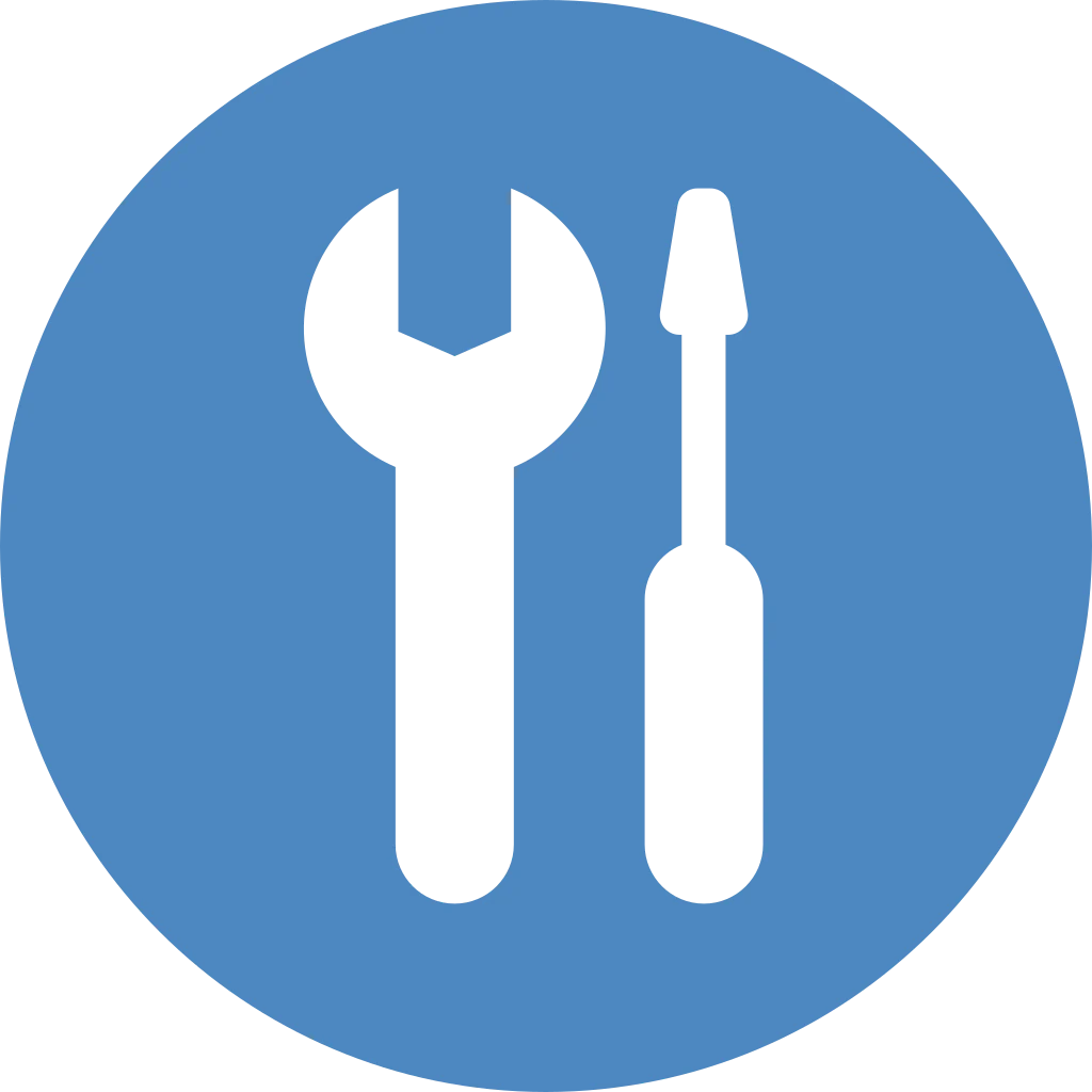 White icon of a wrench and screwdriver inside a blue circle