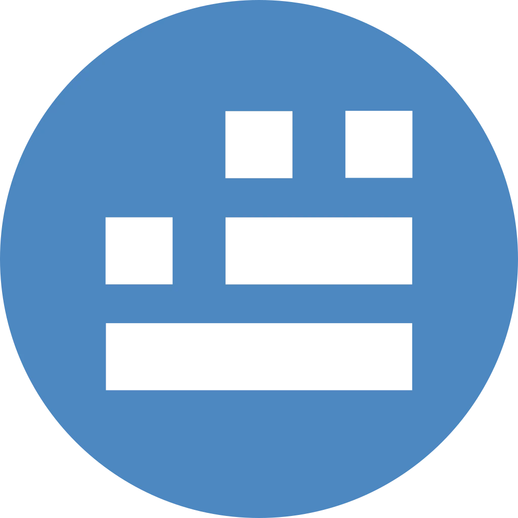 White icon of stacked horizontal bars and blocks inside a blue circle