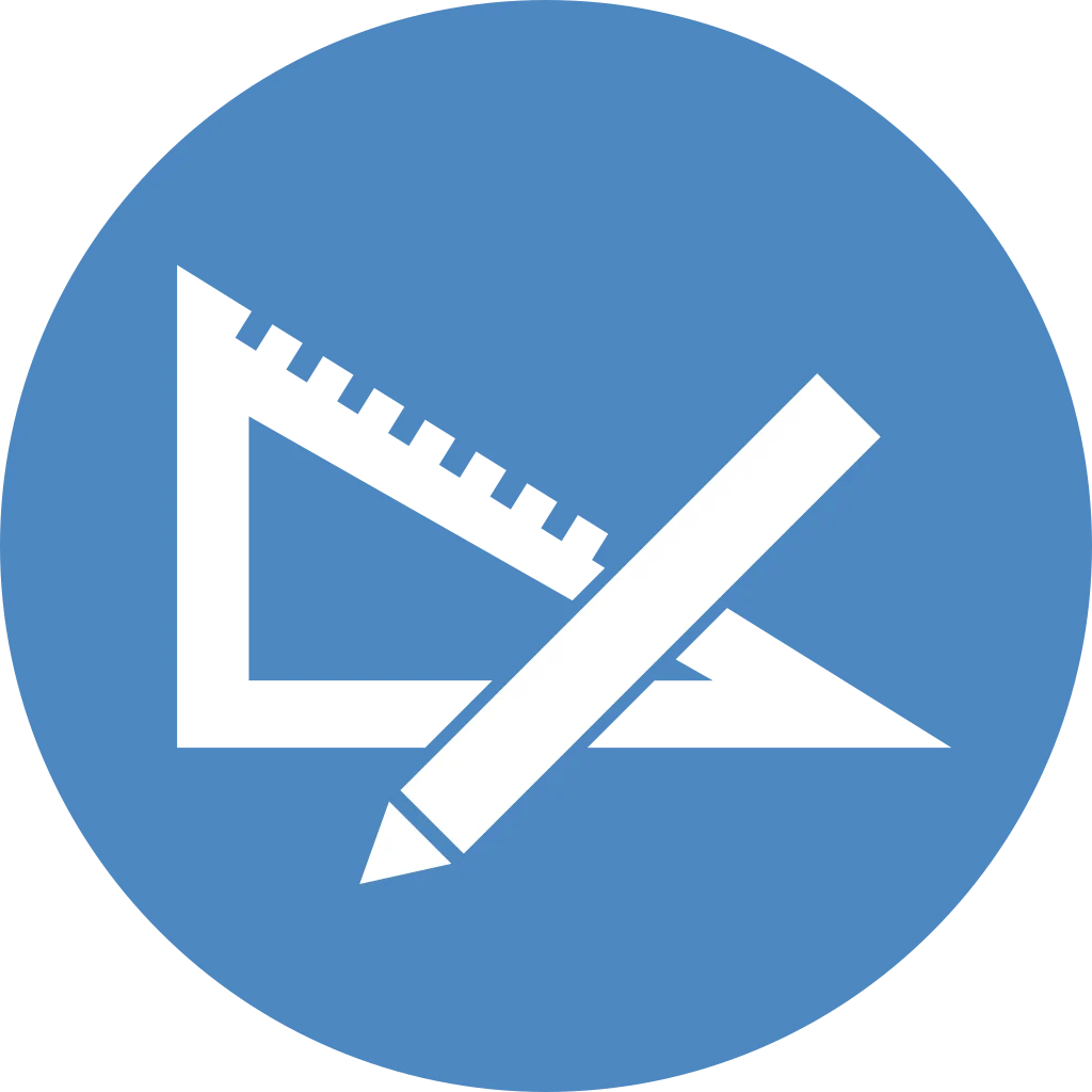 Weisses Icon eines Lineals und Geodreiecks mit einem Bleistift in einem blauen Kreis.