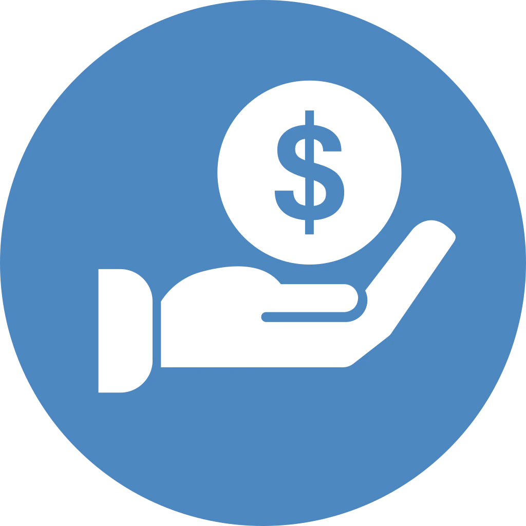 White icon of a hand holding a coin with a dollar symbol inside a blue circle