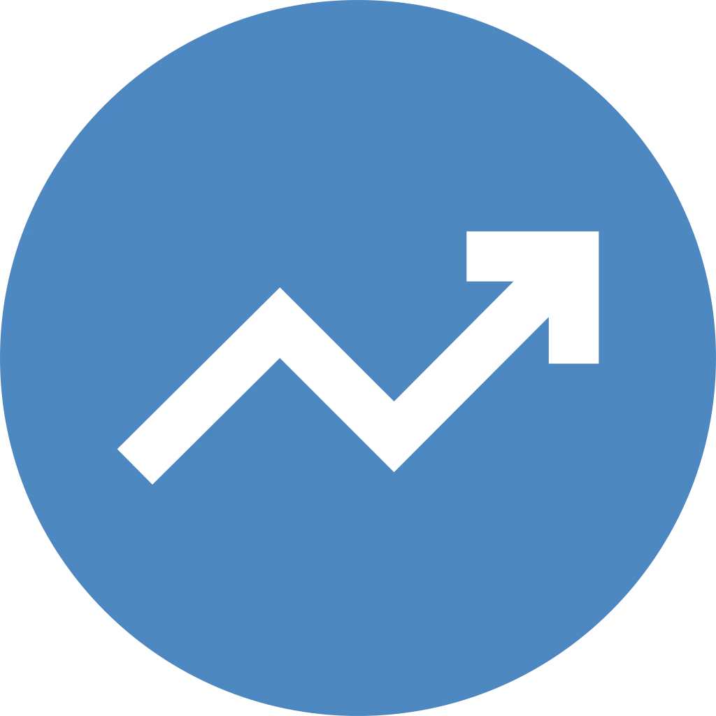 White icon of a rising arrow inside a blue circle