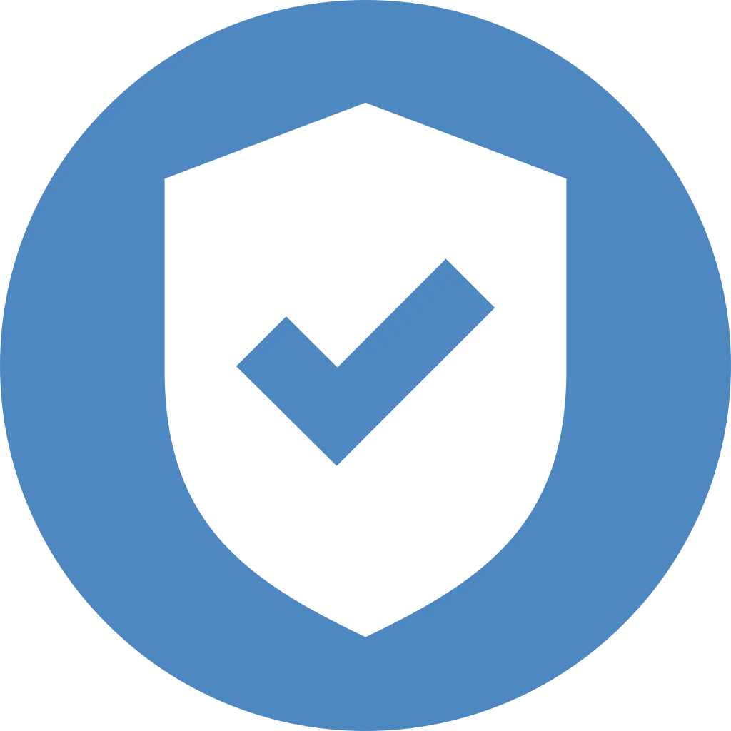 White icon of a shield with a checkmark inside a blue circle