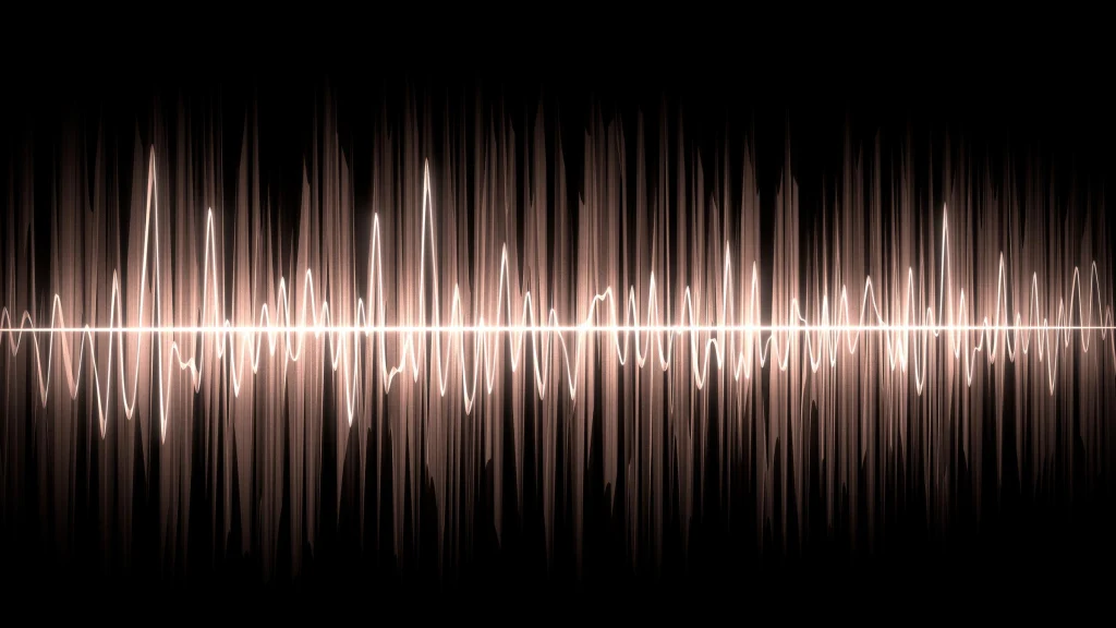 Abstrakte Audio-Wellenform mit leuchtenden Impulsen auf dunklem Hintergrund