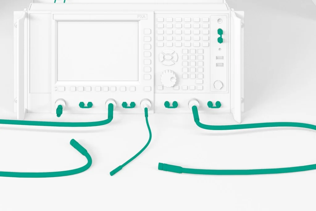 RF adapters connected to network analyser ports for test setup and signal interface. RF adapters connected to network analyser ports for test setup and signal interface.