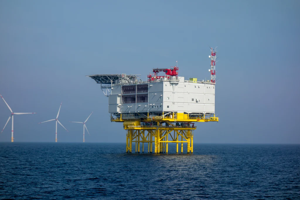 Offshore Wind Farm and Energy Platform in Open Sea. 
