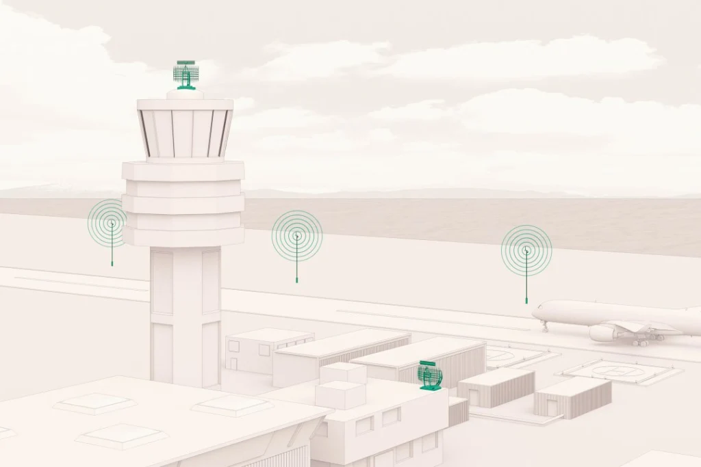 Ground station antennas supporting wireless communication and monitoring at an airport facility.