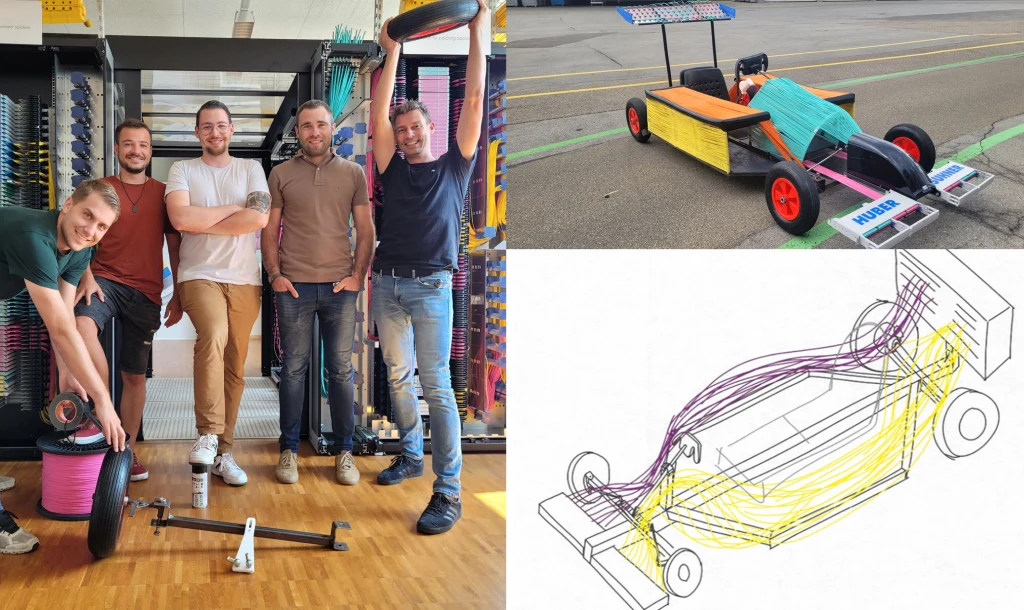 Collage von Bildern, die Mitarbeitende beim Zusammenbau eines Rennwagens zeigen.