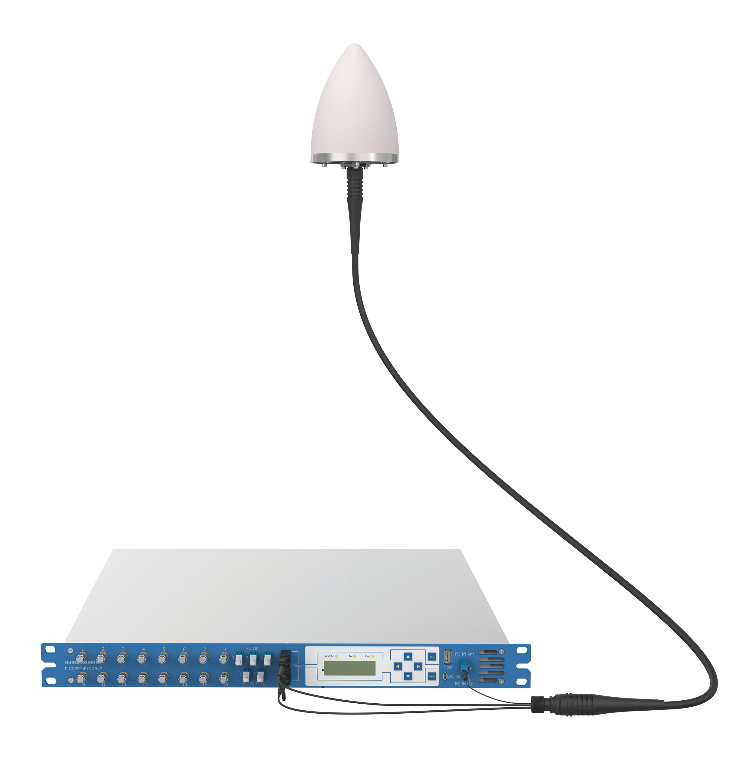 SYNCRO Max GNSS antenna close-up with cable connection for precise timing and signal reception.