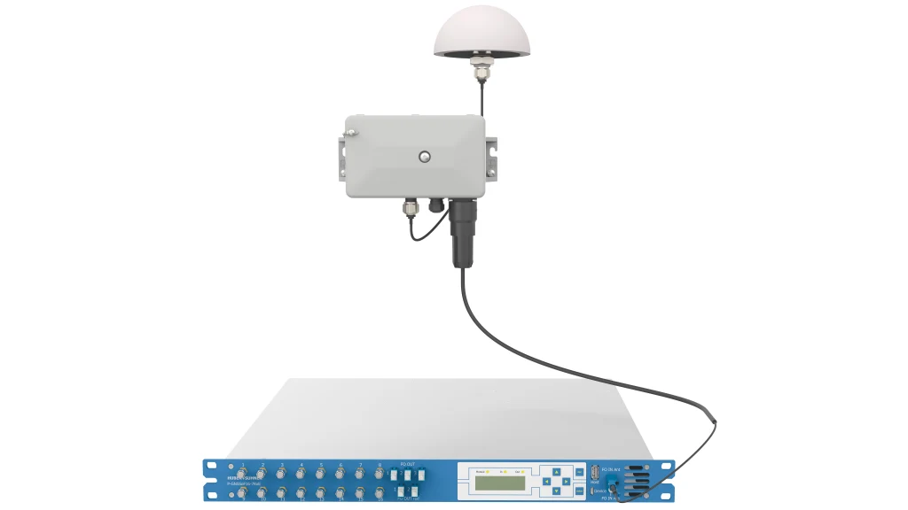 SYNCRO ECO GNSS-Zeitsynchronisationssystem mit Antenne, Aussenanschlussbox und rackmontierter Einheit, verbunden über ein Kabel.