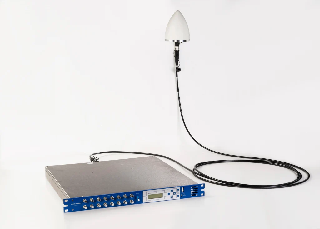 HS FO GNSS GNSS over fiber, Power over fiber, Antenna, Base unit 1RU, L1, L5, 16 RF OUT, 1 FO OUT, Monitoring System 1