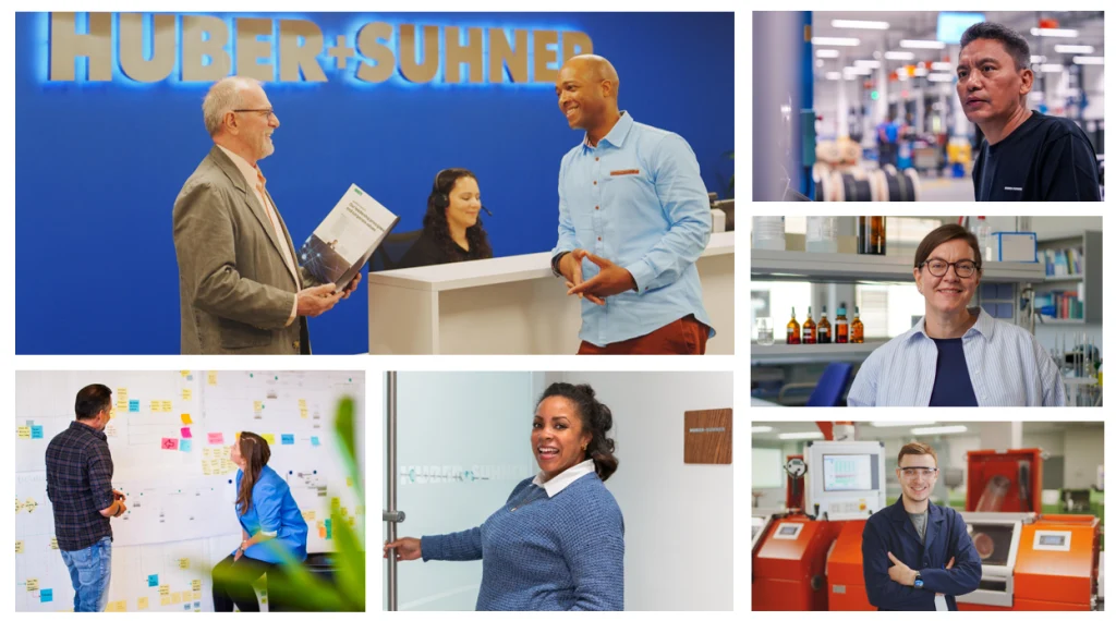 Impressions from employees at HUBER+SUHNER in the USA and Switzerland Collage of employees in an office environment