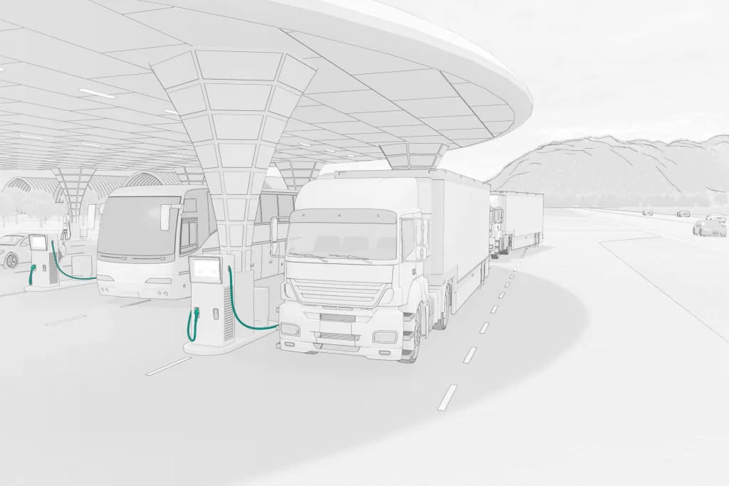 HPC-Ladekabel, grün hervorgehoben, angeschlossen an Elektro-Lkw an einer Hochleistungsladestation für schnelles DC-Laden von Nutzfahrzeugen