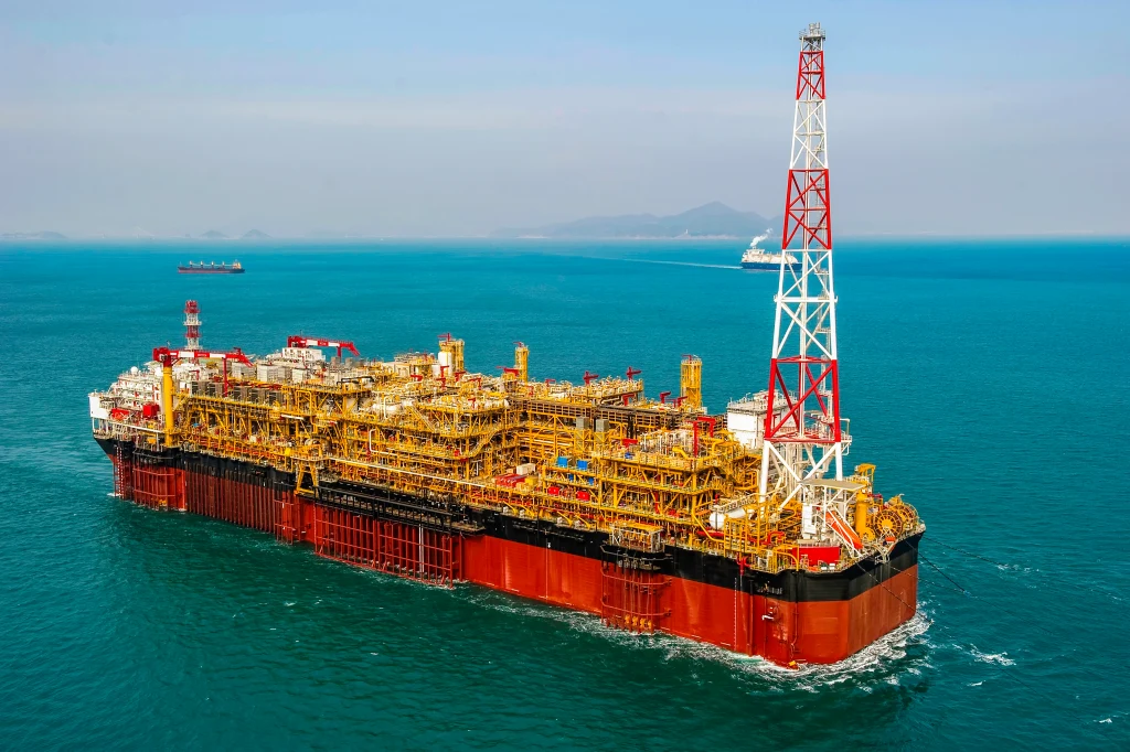 View of FPSO oil rig, floating production, storage and offloading vessel used to explore the crude oil & gas under the seabed.