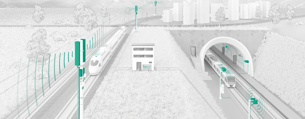 Illustration of two trains passing a trackside antenna, with cable networks and wireless communication links highlighted.