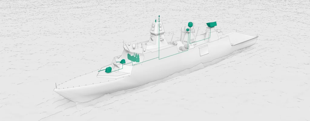 Military ship with integrated radar and communications equipment supporting maritime surveillance and connectivity. Military ship with integrated radar and communications equipment supporting maritime surveillance and connectivity.
