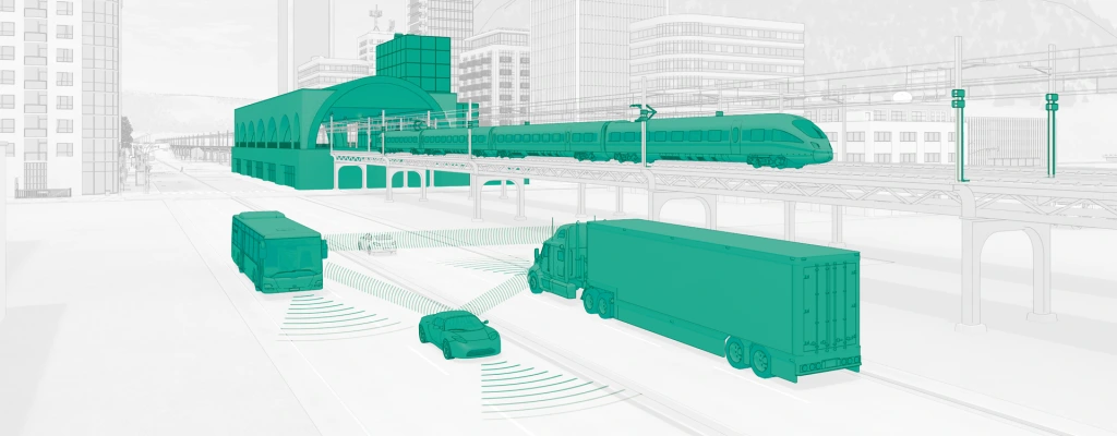 Hochgeschwindigkeitszug, Lkw, Bus und Personenwagen in einer Stadt, mit drahtlosen Konnektivitätsverbindungen zwischen Fahrzeugen und Infrastruktur.