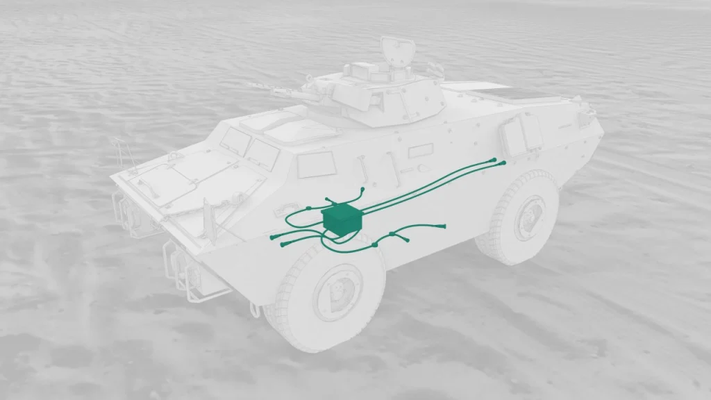 Militärfahrzeug mit integrierter Kabelführung und hervorgehobenen Verbindungssystemen im Fahrzeugchassis. Militärfahrzeug mit integrierter Kabelführung und hervorgehobenen Verbindungssystemen im Fahrzeugchassis.