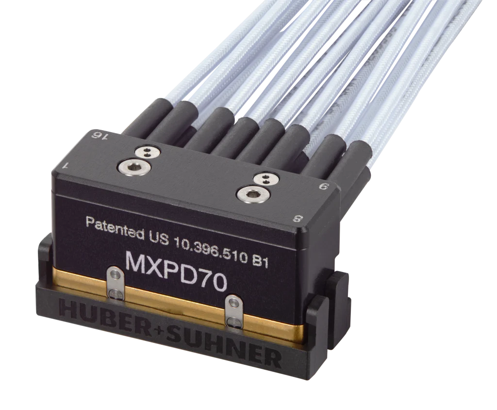 Multicoax Right angle jumper, 2x8, MXPD (male) to MXPD (male), 50 Ohm, 70 GHz