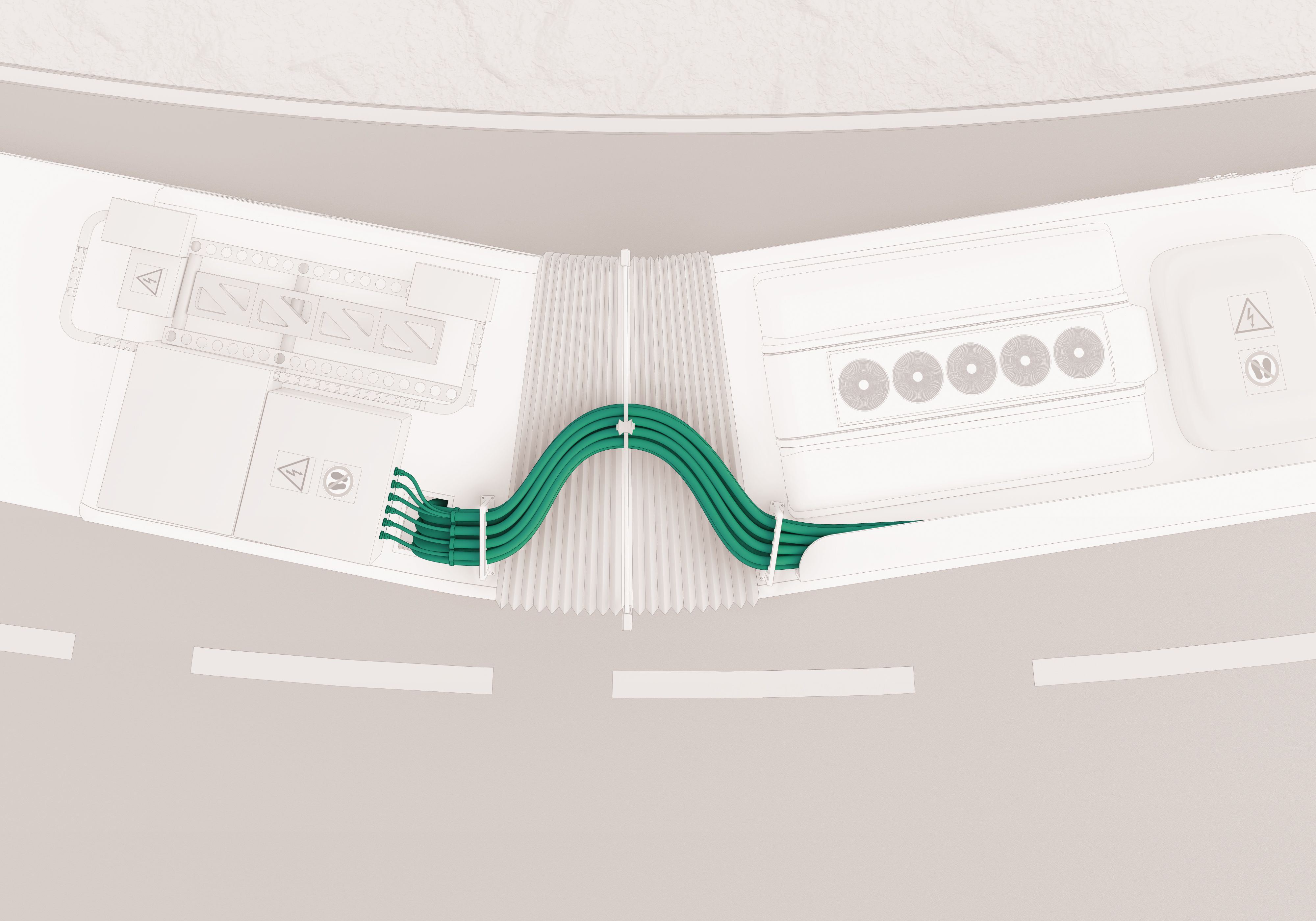 Gelenkbus von oben, Kabel grün hervorgehoben