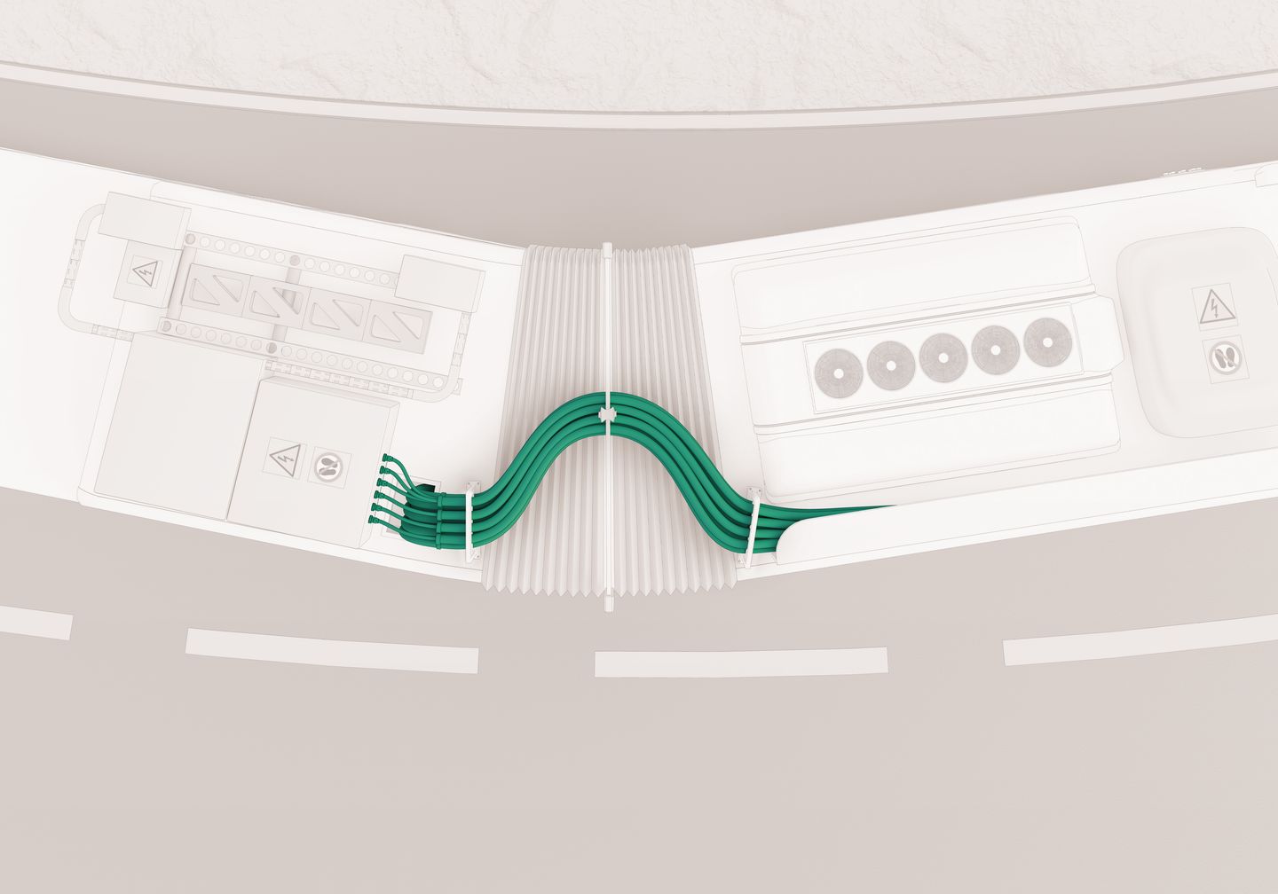 Gelenkbus von oben, Kabel grün hervorgehoben