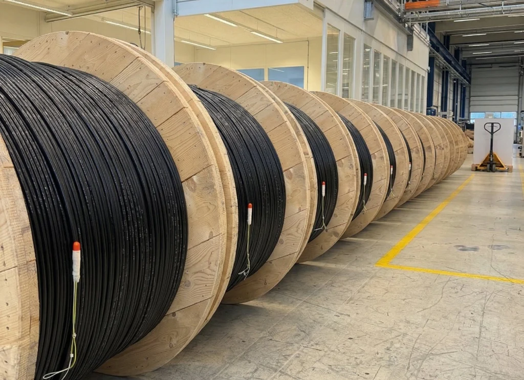 Große hölzerne Kabeltrommeln mit aufgewickelten schwarzen Glasfaserkabeln, ordentlich ausgerichtet in einer Produktionshalle mit Inspektionsraum und industriellen Deckenstrukturen.