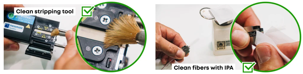 Clean the tool, clean the fiber with tool or IPA 