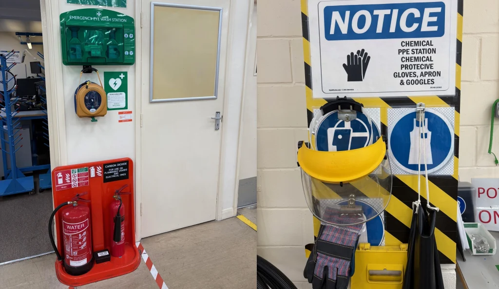 Lebensrettende und verletzungsverhütende Ausrüstung: Defibrillator, Feuerlöscher und Schutzausrüstung sind an unserem Standort in Bicester griffbereit Schutzausrüstung am Standort Bicester (UK)