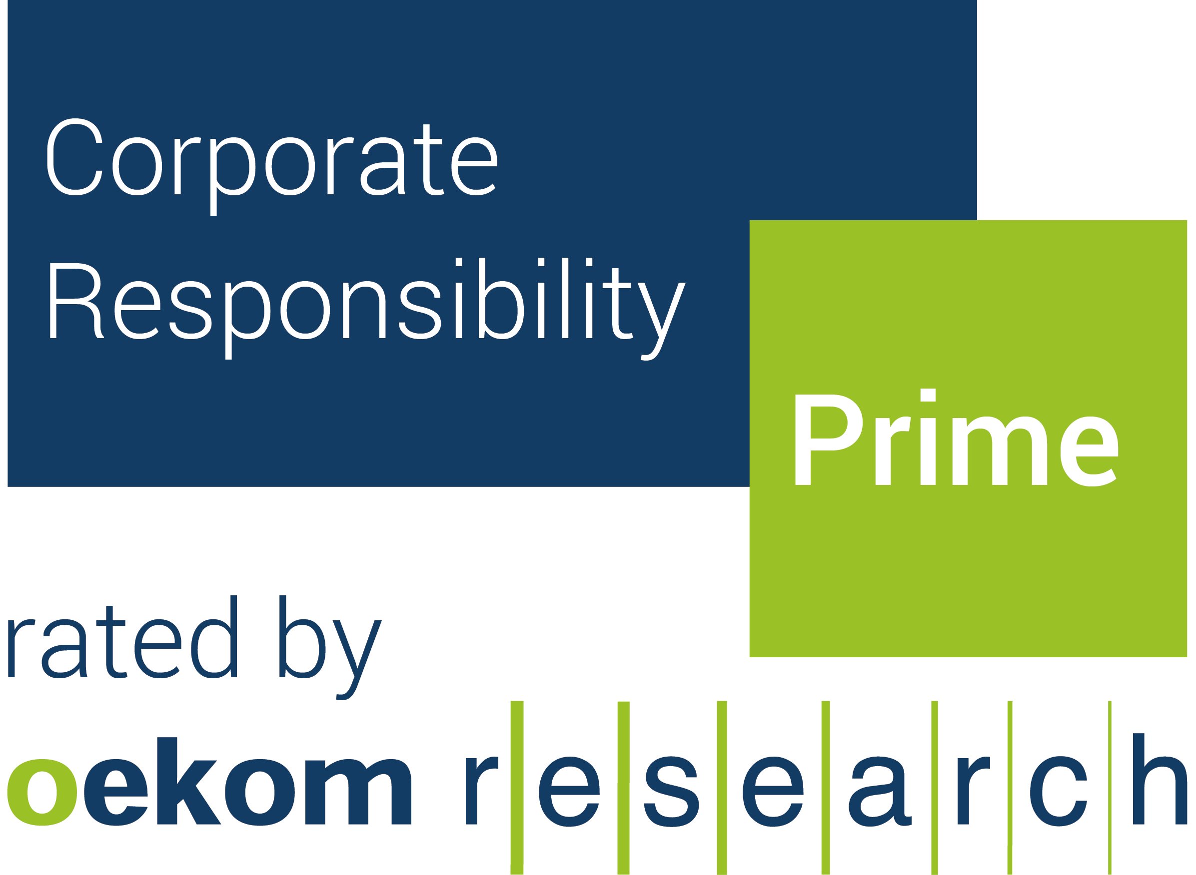 Logo mit der Aufschrift „Corporate Responsibility Prime, rated by oekom research“. Das Siegel weist auf eine positive Nachhaltigkeitsbewertung hin.