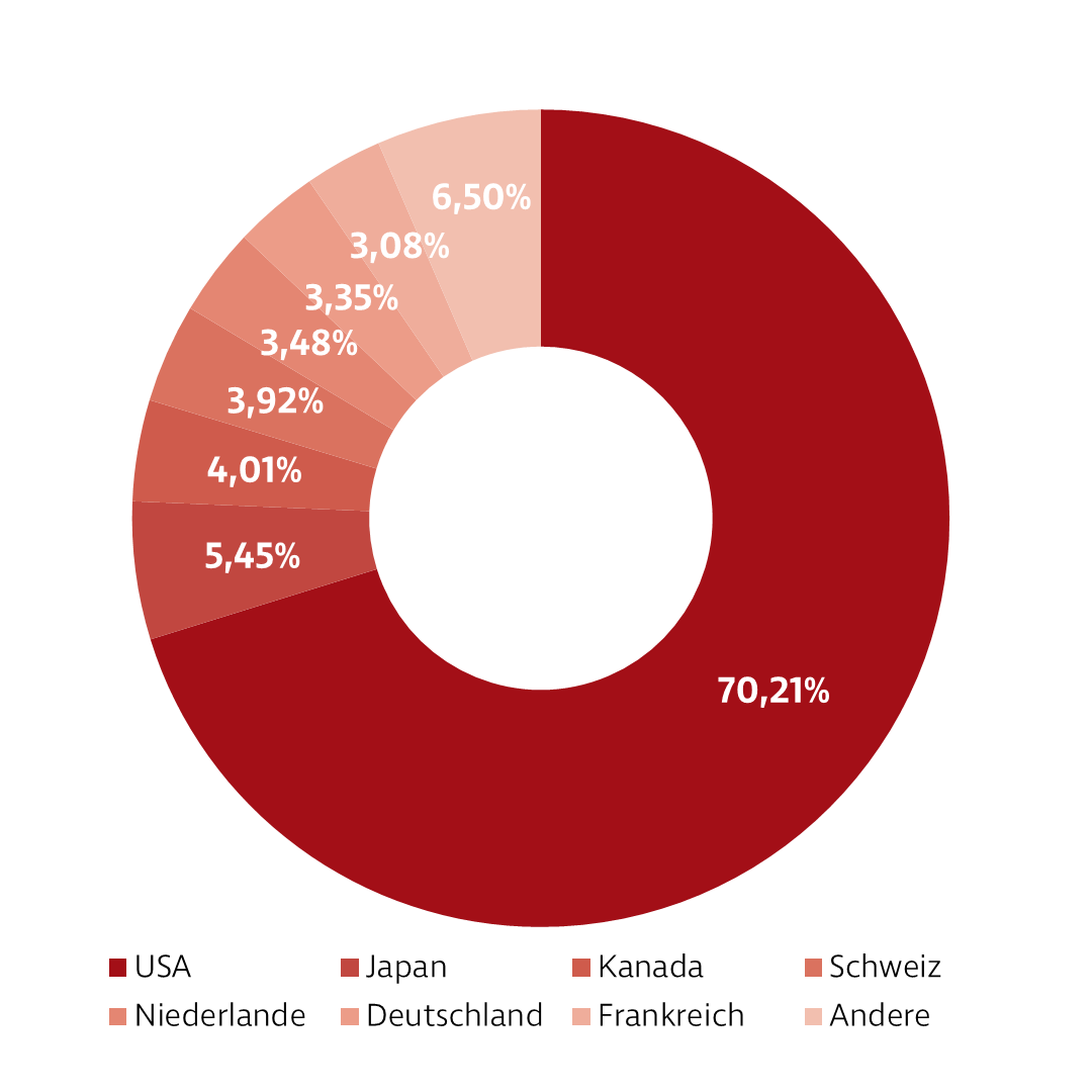 Donut-Diagramm zur Darstellung der Investmentverteilung der Strategie Einzelaktien Global. Die Anteile sind: USA: 66,35 %, Japan: 6,60 %, Deutschland: 5,49 %, Frankreich: 4,18 %, Schweiz: 4,17 %, Kanada: 3,60 %, GB: 3,04 %, Andere: 6,57 %.