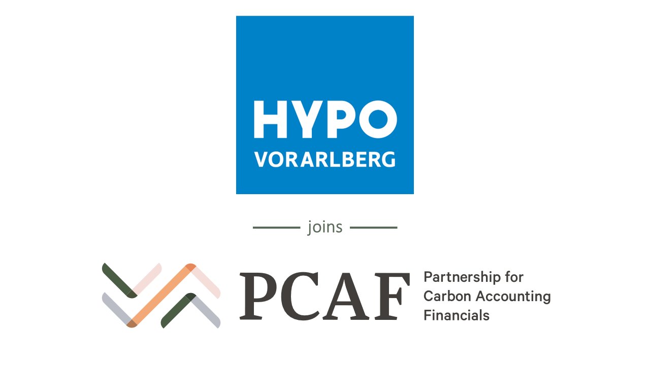 Logo-Grafik mit dem Titel „Hypo Vorarlberg joins PCAF“. Gezeigt wird das Hypo-Vorarlberg-Logo zusammen mit dem PCAF-Signet („Partnership for Carbon Accounting Financials“); Hinweis auf Beitritt zur Klimaberichterstattungs-Initiative.