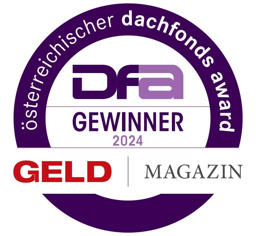 Logo des österreichischen Dachfonds Awards 2024. Im Zentrum steht „DFA Gewinner 2024“, darunter das Logo von Geld Magazin.