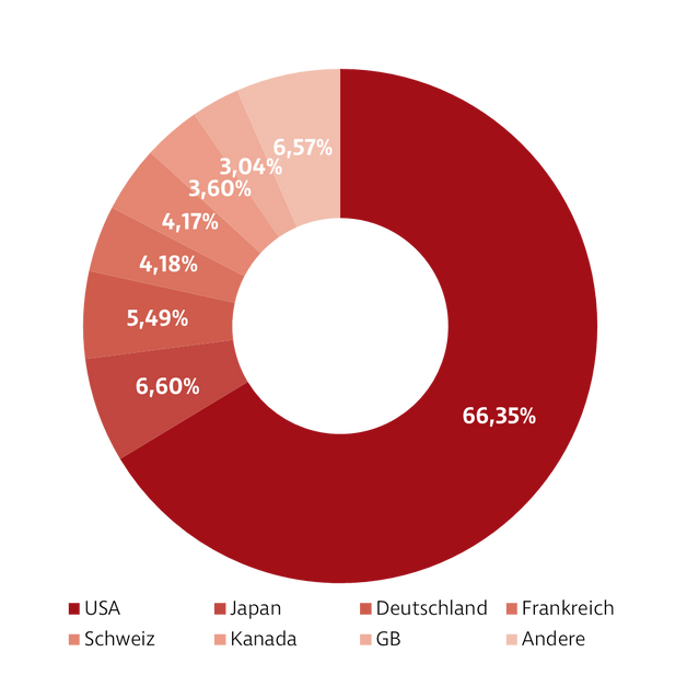 Donut-Diagramm zur Darstellung der Investmentverteilung der Strategie Einzelaktien Global. Die Anteile sind: USA: 66,35 %, Japan: 6,60 %, Deutschland: 5,49 %, Frankreich: 4,18 %, Schweiz: 4,17 %, Kanada: 3,60 %, GB: 3,04 %, Andere: 6,57 %.