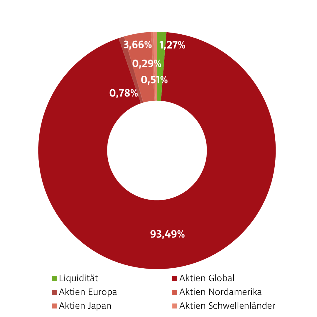 Donut-Diagramm zur Darstellung der Investmentverteilung der Strategie Aktien Global. Die Anteile sind: Aktien: 99,06 % Geldmarkt: 0,94 %