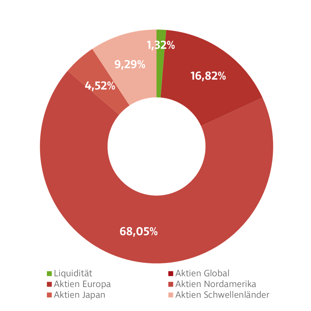 Donut-Diagramm zur Darstellung der Investmentverteilung des Einzelaktien Global Fonds. Die Anteile sind: USA: 65,75 %, Japan: 5,85 %, GB: 3,93 %, Frankreich: 3,13 %, Deutschland: 3,03 %, Kanada: 2,51 %, Taiwan: 2,38 %, Andere: 13,42 %.
