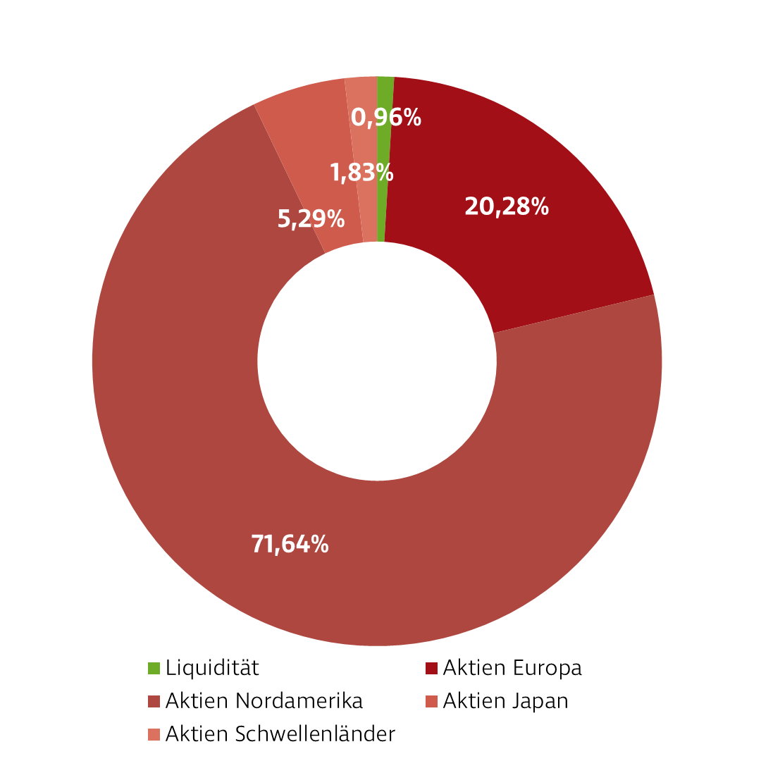 Donut-Diagramm zur Darstellung der Investmentverteilung der Strategie Einzelaktien Global. Die Anteile sind: USA: 66,35 %, Japan: 6,60 %, Deutschland: 5,49 %, Frankreich: 4,18 %, Schweiz: 4,17 %, Kanada: 3,60 %, GB: 3,04 %, Andere: 6,57 %.