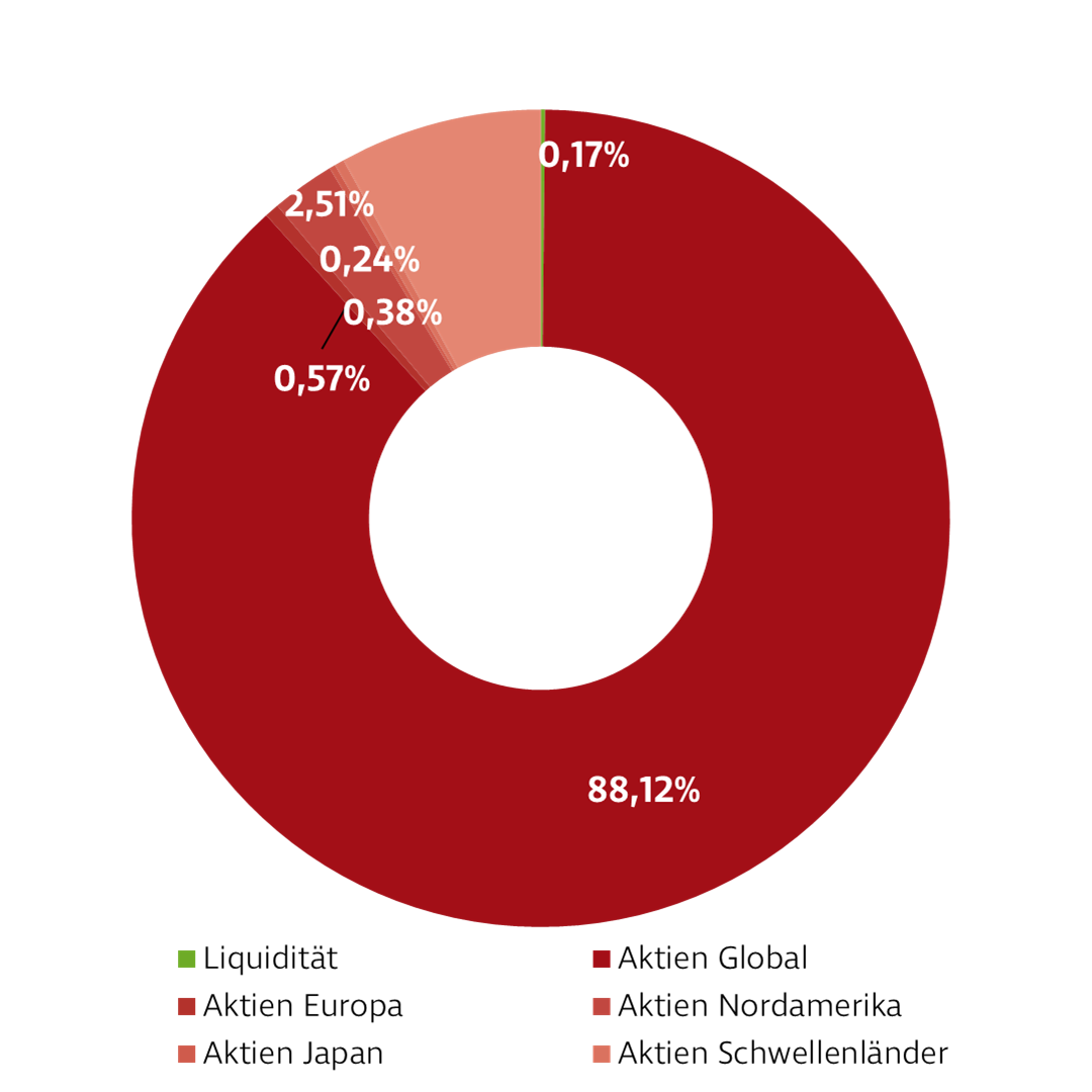 Donut-Diagramm zur Darstellung der Investmentverteilung der Strategie Aktien Global. Die Anteile sind: Aktien: 99,06 % Geldmarkt: 0,94 %
