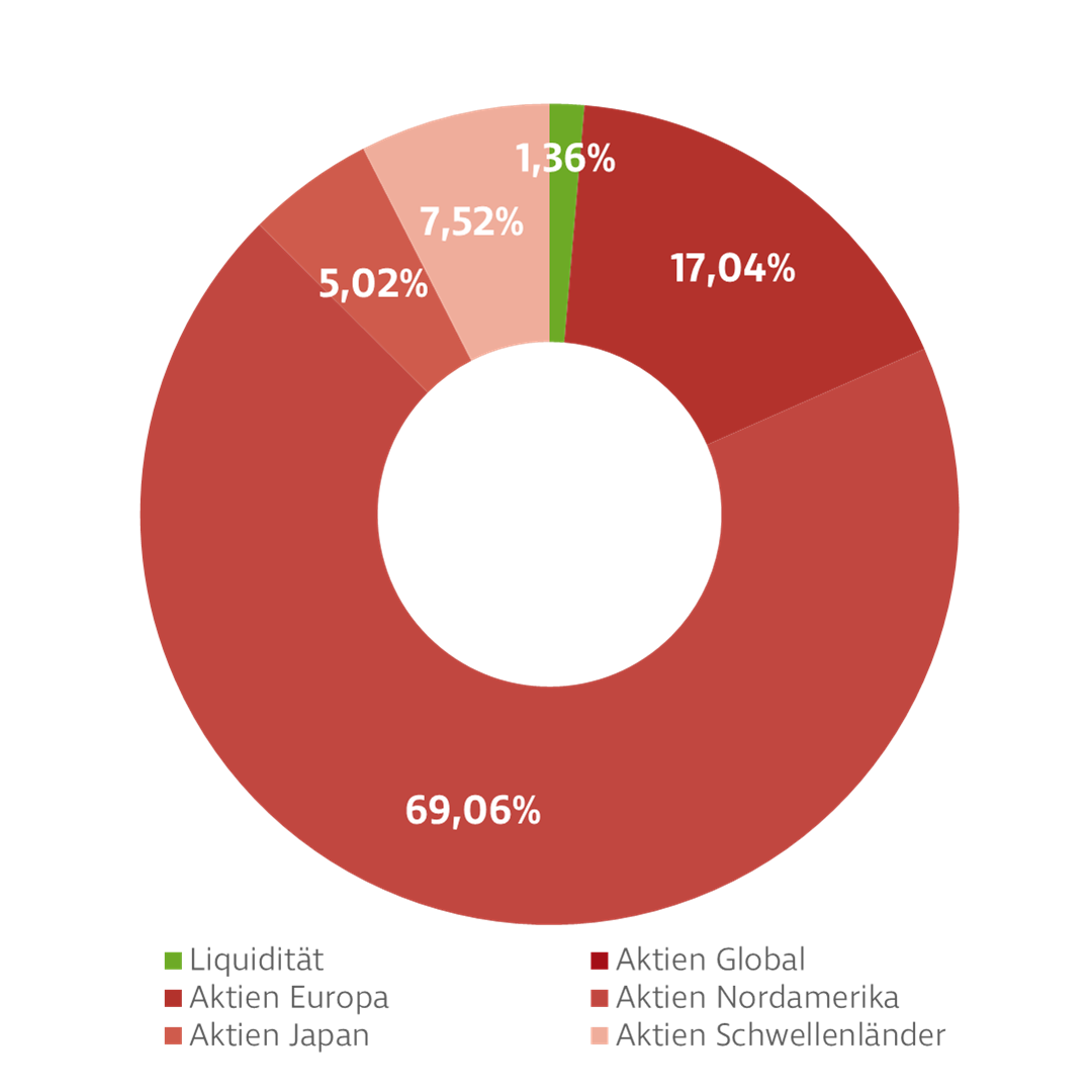Donut-Diagramm zur Darstellung der Investmentverteilung des Einzelaktien Global Fonds. Die Anteile sind: USA: 65,75 %, Japan: 5,85 %, GB: 3,93 %, Frankreich: 3,13 %, Deutschland: 3,03 %, Kanada: 2,51 %, Taiwan: 2,38 %, Andere: 13,42 %.