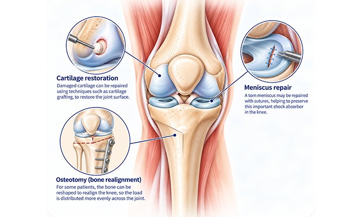 Diagram showing different types of knee preservation surgeries including cartilage restoration, meniscus repair and osteotomy. knee-preservation-surgery