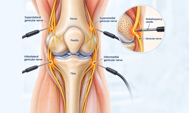 4 radiofrequency needles targeting different genicular nerves of the knee radiofrequency-ablation-genicular-nerves