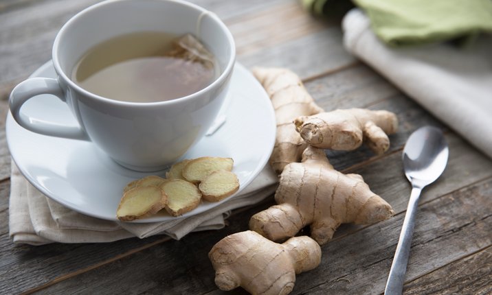 Ginger tea and ginger slices in text