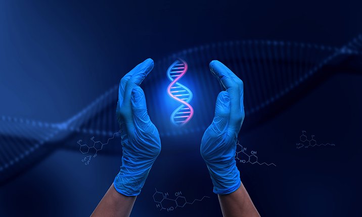 Gloved hands cupping a glowing dna helix conceptual