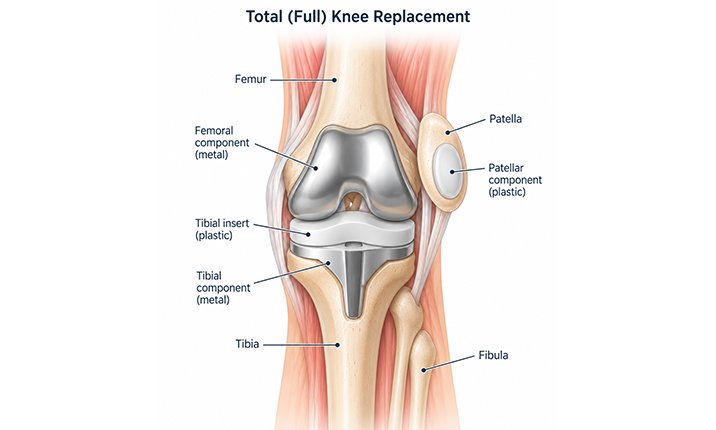 Diagram of knee that has undergone total knee replacement total-knee-replacement