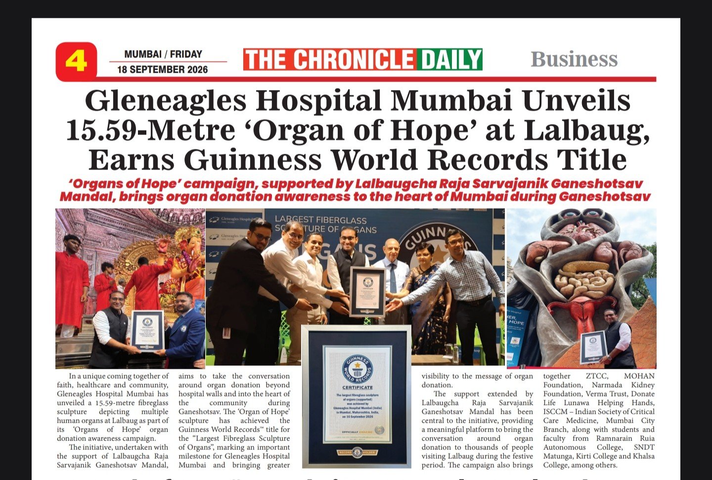 Gleneagles Hospital Mumbai Unveils 15.59-Metre 'Organ of Hope' at Lalbaug, Earns Guinness World Records Title