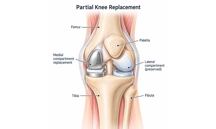 Diagram showing medial compartment replacement of the knee partial-knee-replacement