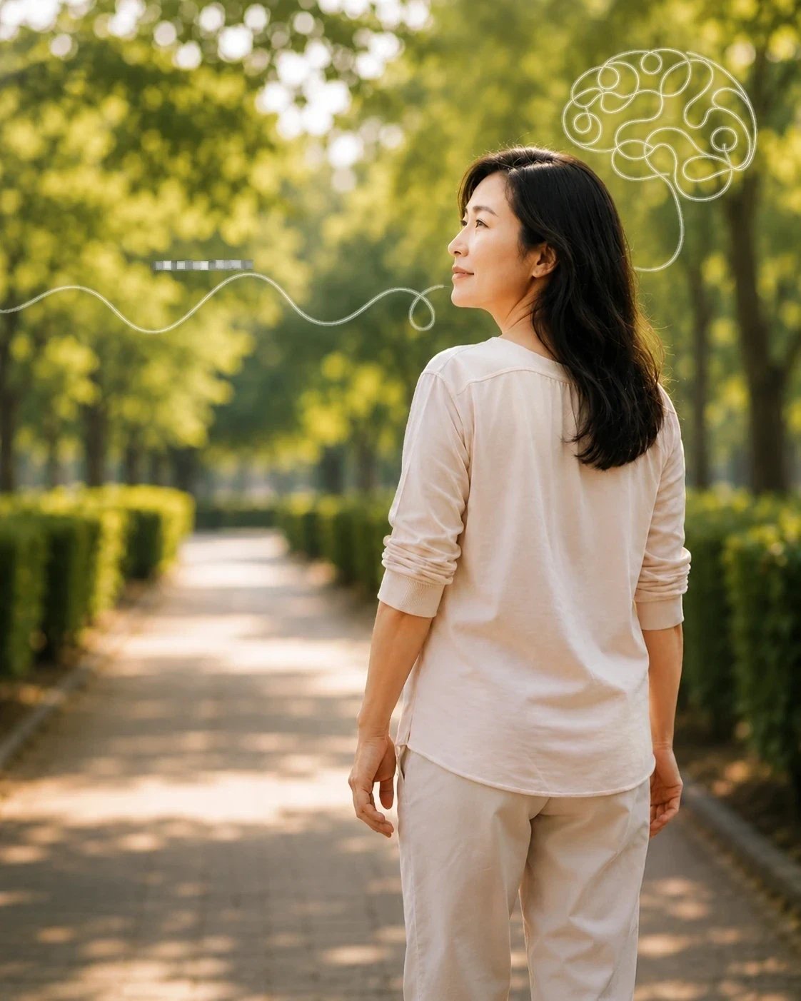 Patient walking along a tree-lined path with subtle brain line art