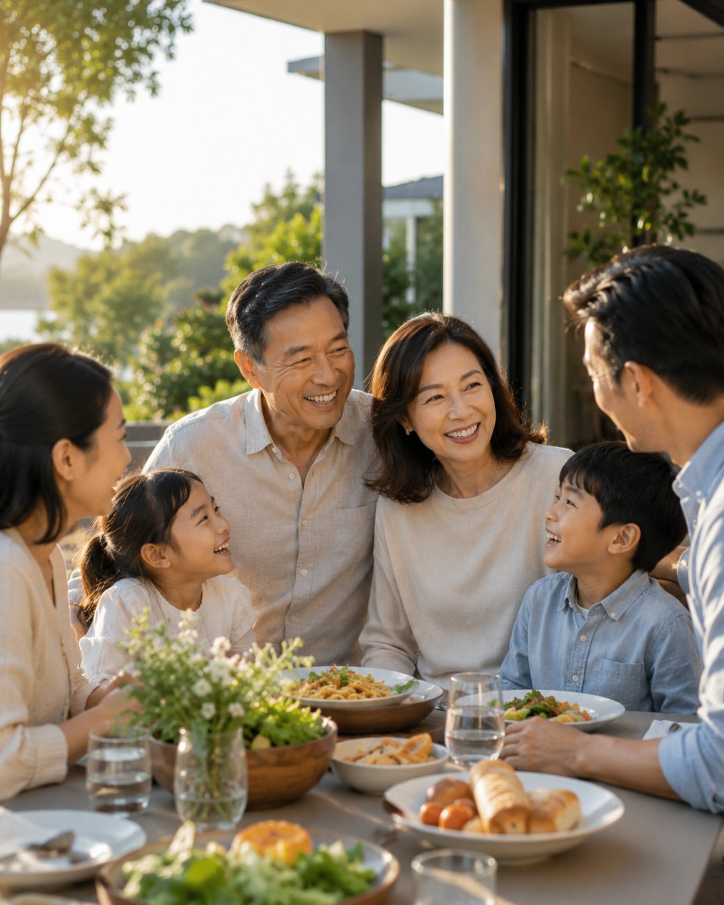 Asian family enjoying a meal together in a warm outdoor setting