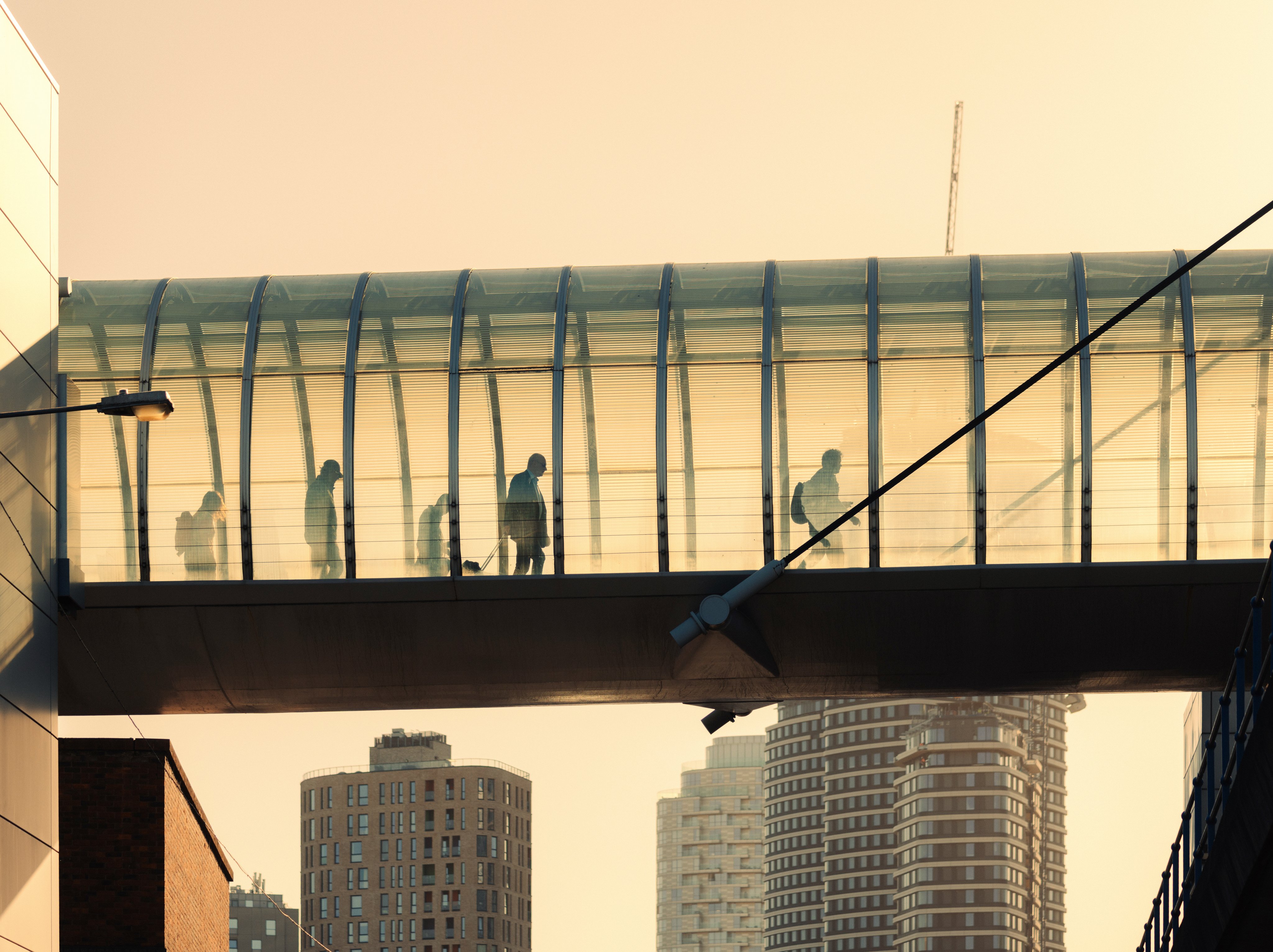 People walking over glass walkway in the evening sun with tower blocks in background.